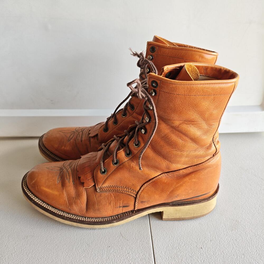 Vintage Justin Boots Mens Size 10.5D Brown Leather Western Lace Up Made USA 302